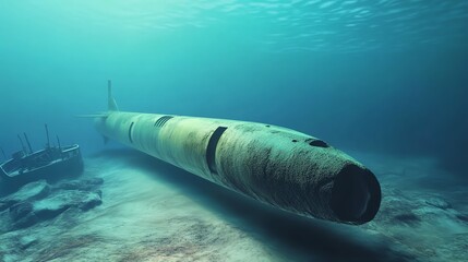 Submarine exploring a shipwreck, murky waters, mysterious vibe, 3D illustration