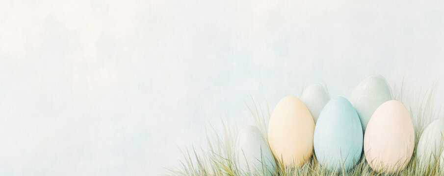 Pastel colored easter eggs in grass - spring holiday decoration design for cards or posters