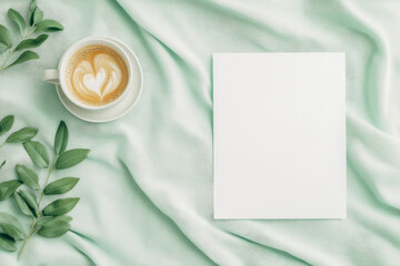 Elegant coffee break with heart latte art and blank card on soft green fabric background