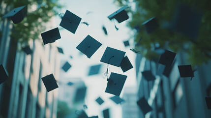 Cinematic college graduation scene with caps flying in the air, muted color grading