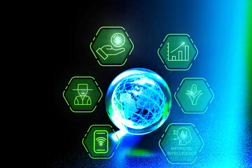 Crystal Global ball holographically displaying innovative agricultural tools and technology; futuristic smart farming solutions revolutionizing IoT-driven farming and advanced monitoring techniques.