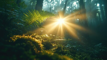 Fototapeta premium Sunbeams illuminate a lush, green fern in a misty forest, creating a magical atmosphere.