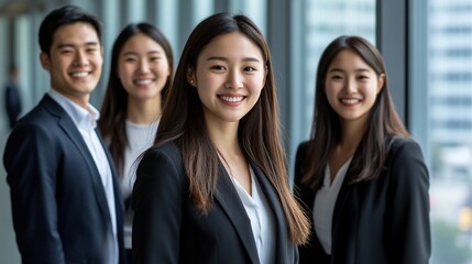 Obraz premium Four smiling Asian businesspeople in modern office.