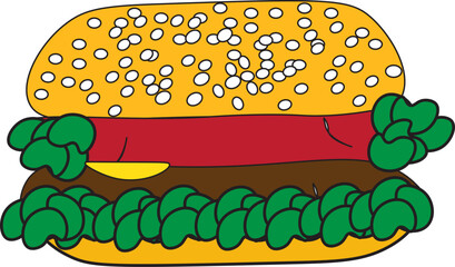 Print, food, burger, hamburger, illustration, vector, sandwich, bread, fast, cartoon, meal, cheese, dinner, lunch, hot, meat, menu, fat, bakery, bun, pizza, design, snack, drawing, diet, set