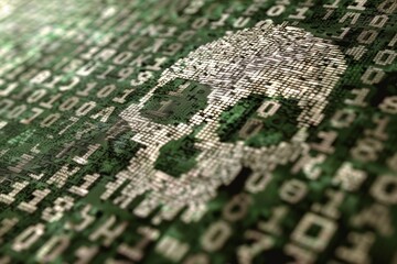 Digital skull in green made of binary code symbolizes cyber threats and hacking risks