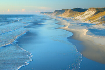 Fototapeta premium Scenic coastal landscape with sandy beach, ocean waves, and dunes at sunset.