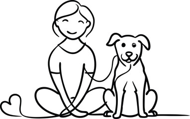 Continuous line drawing happy pet lover with dog