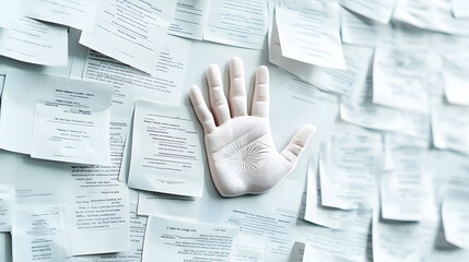 Obraz premium money management financial freedom concept. White handprint against a wall covered in notes and papers.