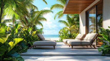 Fototapeta premium Tropical Beachfront Relaxation: Lounge chairs on a modern deck amidst lush palms, overlooking a tranquil ocean view.