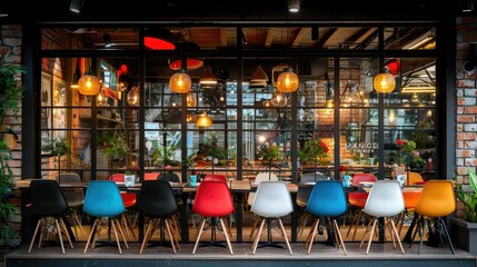 Colorful chairs outside a restaurant with a large window showing the interior.