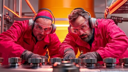Industrial engineers collaborating on machinery factory photography indoor close-up teamwork and innovation