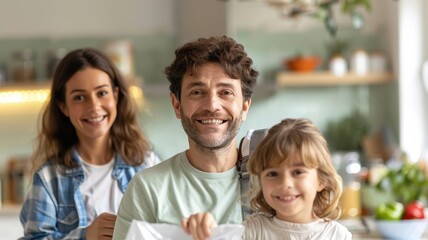 Obraz premium A cheerful family poses together in a bright kitchen, showcasing joy and togetherness while holding a shopping bag.
