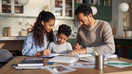 Fototapeta premium A family engages in learning activities together at a table, showcasing collaboration and educational support in a cozy home environment.