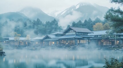 Fototapeta premium Traditional Japanese hot springs resort with a beautiful old house and mountains