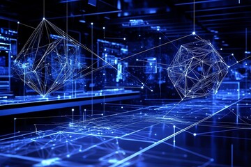 Obraz premium Digital Network: Glowing Geometric Forms in a Futuristic Blue Landscape