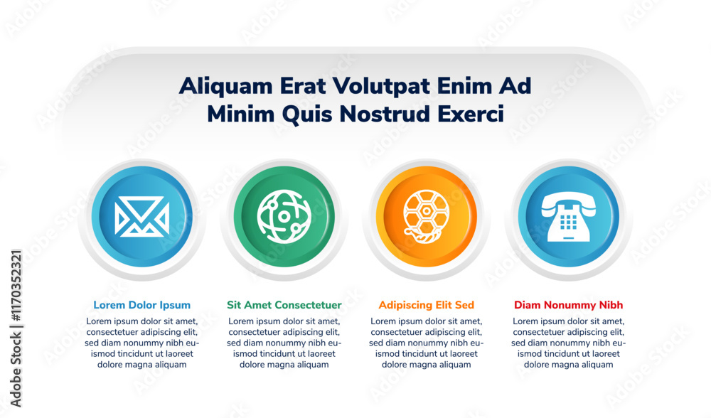 Poster four points stage template infographic concept for slide presentation with big circle outline with w