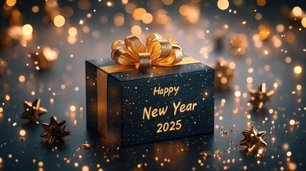 A festive New Year gift box with a golden bow, shimmering lights, and the text "Happy New Year 2025" creates a celebratory atmosphere.