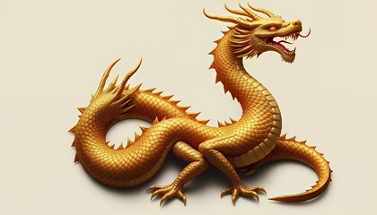A highly detailed and majestic golden dragon with intricate scales and glowing eyes, depicted on a plain neutral background