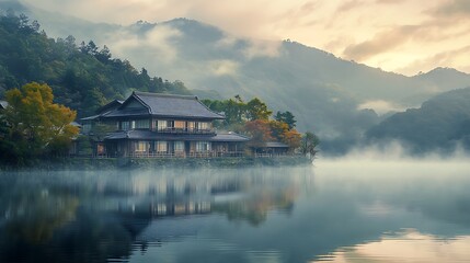 Obraz premium Traditional Japanese hot springs resort with a beautiful old house and mountains