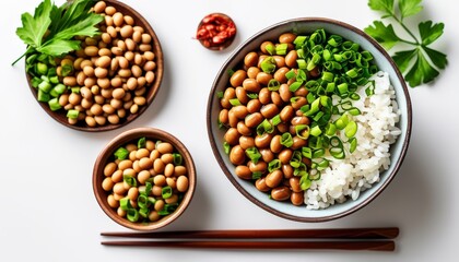 Top Down View of Natto Bowl with Rice, Green Onions, and Fresh Ingredients for Healthy Eating