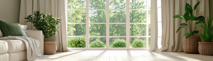 A bright, tranquil living space featuring large windows with greenery outside, complemented by potted plants and light curtains.