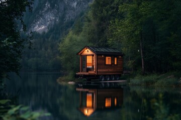 Fototapeta premium tiny house on wheels near lake