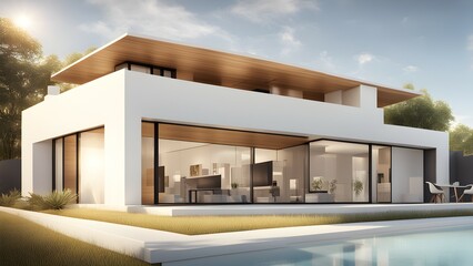 Fototapeta premium Modern minimalist house with large glass windows and a sleek design, surrounded by greenery.