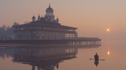 Fototapeta premium Serene Sunrise at the Pier: A Solitary Figure Finds Peace