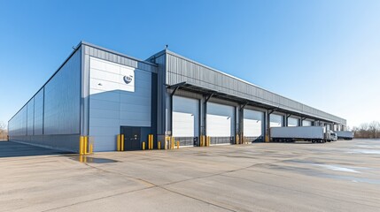Modern Distribution Center Exterior with Loading Docks and Trucks on a Clear Day