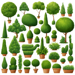 A vibrant collection of various topiary plants in decorative pots, showcasing unique shapes and lush greenery, perfect for enhancing gardens and landscapes.