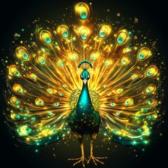 Golden peacock with iridescent feathers and sparkling details.