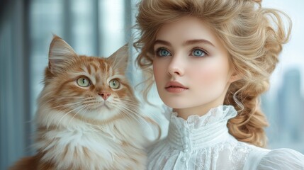 Portrait of a young woman with a cat by a window.