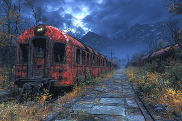 Obraz premium Abandoned red train in overgrown, mountainous landscape under stormy sky.
