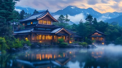 Fototapeta premium Traditional Japanese hot springs resort with a beautiful old house and mountains