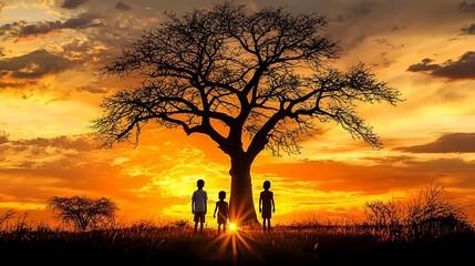 Fototapeta premium Silhouetted children stand beneath a large tree at sunset.