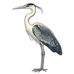 Elegant heron drawing on white background, side view, detailed feathers.