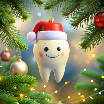 white tooth wearing senta hat hanging on christmas tree