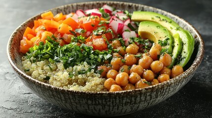 Colorful quinoa bowl with fresh vegetables and chickpeas.