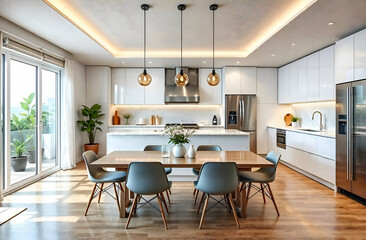 Fototapeta premium Interior design of the kitchen a hi-tech-style, dining table and chairs