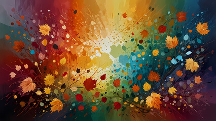 A modern abstract interpretation of England's seasons, with autumn leaves, raindrops, and blooming roses flowing into one another through bold brushstrokes and vivid gradients.