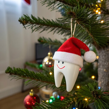 white tooth wearing senta hat hanging on christmas tree