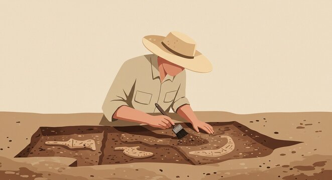 Illustration of an Archaeologist at Work Detailed Art Style with Earthy Tones and Minimalist Background.  Perfect for Educational and Historical Content.