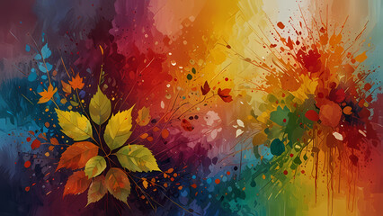 A modern abstract interpretation of England's seasons, with autumn leaves, raindrops, and blooming roses flowing into one another through bold brushstrokes and vivid gradients.