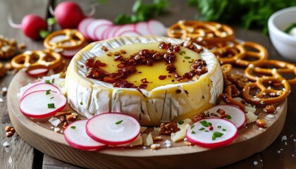 Fototapeta premium Bavarian cheese spread with pretzels, radishes, and nuts on a wooden serving board