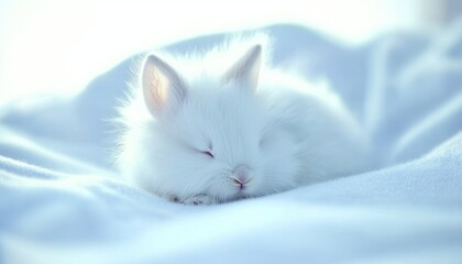 Fluffy white bunny sleeping soundly on bed, sunlit room, pet advert
