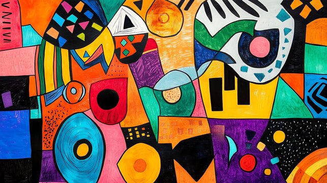 Cheerful whimsical doodle art with mix of geometric and organic shapes