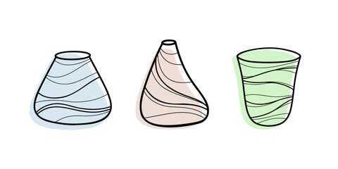 A set of abstract modern vases, flower pots, hand-painted, isolated on a white background. A collection of decorative jugs, a linear pattern with a colored background in the background
