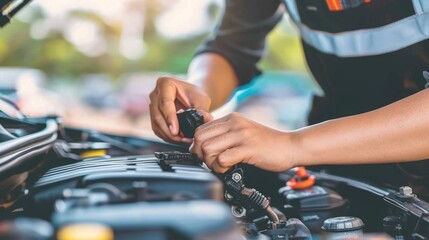 Mechanic Inspecting Car Engine: Close-up of Hands Working on Vehicle