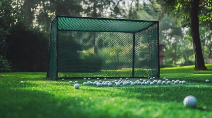Vibrant Golf Practice Net in Backyard with Clubs and Balls on Green Grass