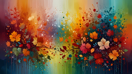 A modern abstract interpretation of England's seasons, with autumn leaves, raindrops, and blooming roses flowing into one another through bold brushstrokes and vivid gradients.